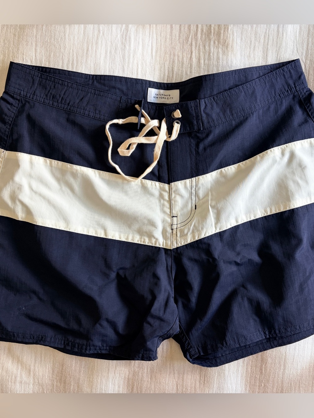 Saturday’s NYC Navy White Stripe Swim Trunks